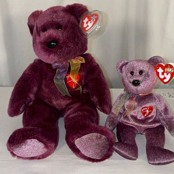 TY Signature Bear 2000 Beanie Baby & Beanie Buddy Set – Millennium Burgundy Plus - Picture 1 of 10
